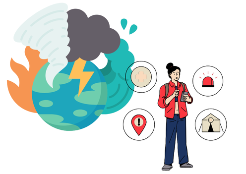 災害に備えて避難所などを確認している様子を描いたイラスト。