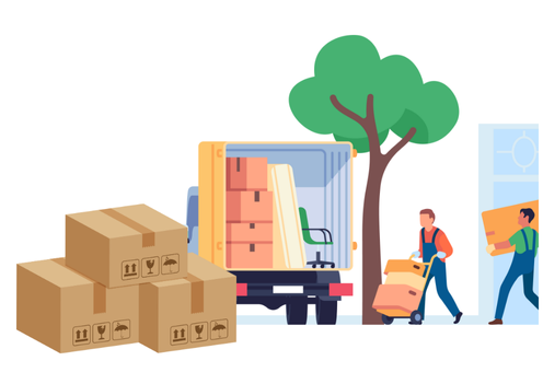 引っ越しをしている様子を描いたイラスト。
