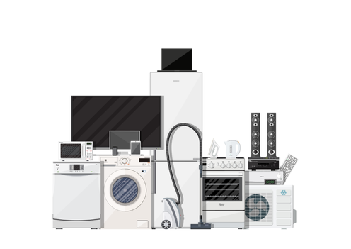 エアコン、テレビ、冷蔵庫、洗濯機など、家電リサイクル法の対象となる家電ごみを描いたイラスト。