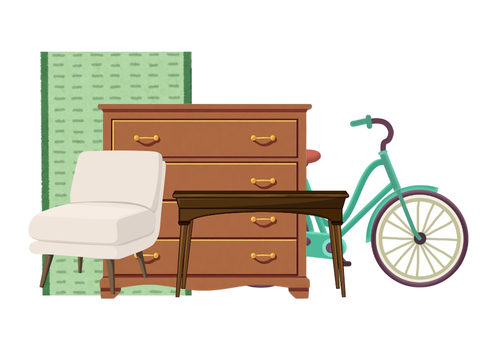 家具や自転車など、粗大ごみに分類される品目をまとめて描いたイラスト。