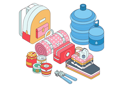 非常用持ち出しリュック、水や食料、救急用品など、災害に備えて準備しておくべき防災用品を描いたイラスト。