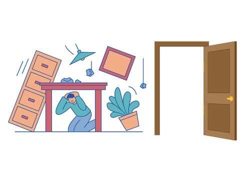 地震発生時に、揺れから身を守るためテーブルの下に避難している様子を描いたイラスト。