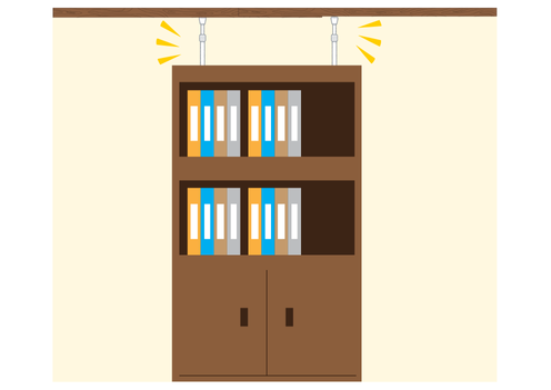 地震対策として、棚やタンスが倒れないように固定しているイラスト。