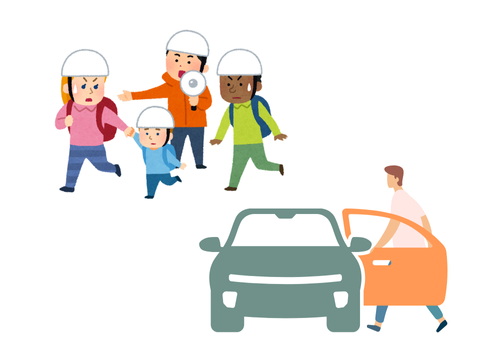 災害時に徒歩で避難する人や、車から降りて避難する人の様子を描いたイラスト。