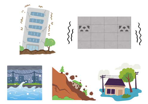 地震で建物や塀が揺れ、川や山、海が荒れた状態になる災害時の状況を描いたイラスト。