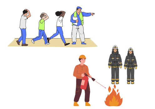 地域の防災訓練や避難訓練に参加する人々の様子を描いたイラスト。