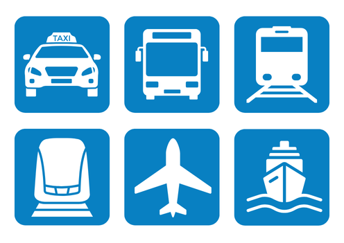 電車、バス、タクシー、飛行機など、日本で利用できる公共交通機関を描いたイラスト。