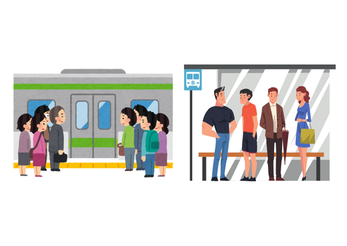 駅のホームやバス停で、人々が順番に並んで待っている様子を描いたイラスト。