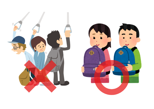 電車やバスの中で荷物が周囲の迷惑にならないよう、前に抱えて持つのが良いと示すイラスト。