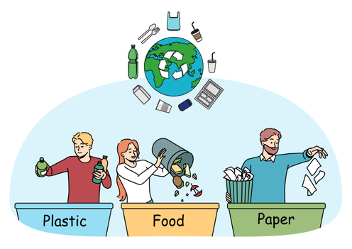 外国人が日本のルールに沿ってゴミを分別している様子を描いたイラスト。