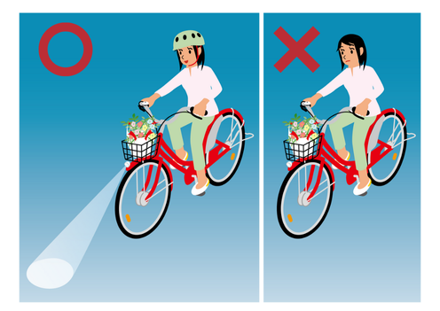 暗い時間帯に自転車のライトを点灯して走行する様子を示したイラスト。