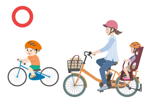 子どもを自転車に乗せる際は乗車用ヘルメットを着用し、大人もヘルメットを付けると安全であることを示すイラスト。