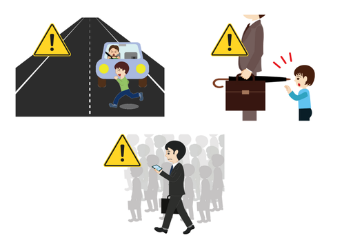 横断歩道のない場所を渡る子どもや、歩きスマホ、傘や荷物を大きく広げるなど、危険な歩行行為を示したイラスト。