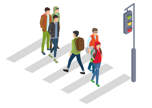 横断歩道を人々が渡っている様子を描いたイラスト。