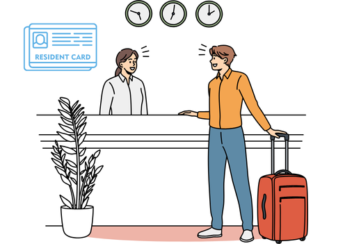 外国人が日本の空港で在留カードを受け取る様子を描いたイラスト。