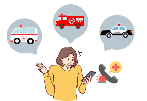 スマートフォンで110番や119番などの緊急通報をしている様子を描いたイラスト。
