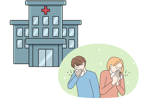 風邪をひいた人が病院を受診しようとしている様子を描いたイラスト。
