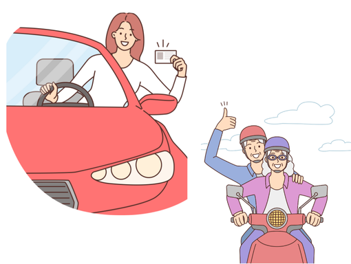 車とオートバイに乗っている人々を描いたイラスト。
