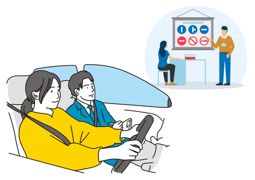 運転免許の取得に向けて、学科試験や実技試験を受けている様子を描いたイラスト。