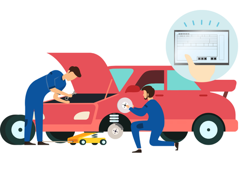 整備工場で車の点検や車検作業を行っている様子を描いたイラスト。