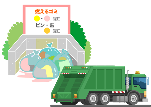 ゴミ集積場に並んだ袋ごみと、収集に来たゴミ収集車を描いたイラスト。