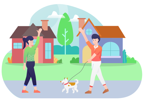 近所の住人同士が外で会い、挨拶を交わして交流している様子を描いたイラスト。