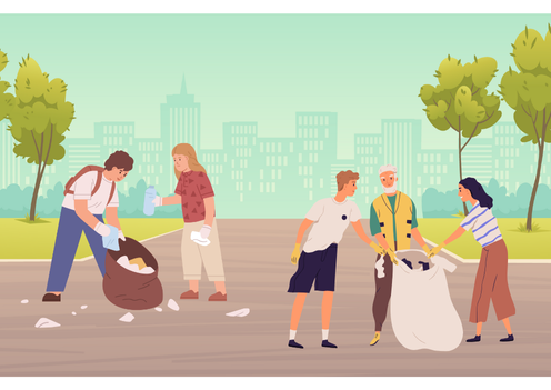 町会や自治会の活動に参加し、地域の清掃としてゴミ拾いを行っている様子を描いたイラスト。