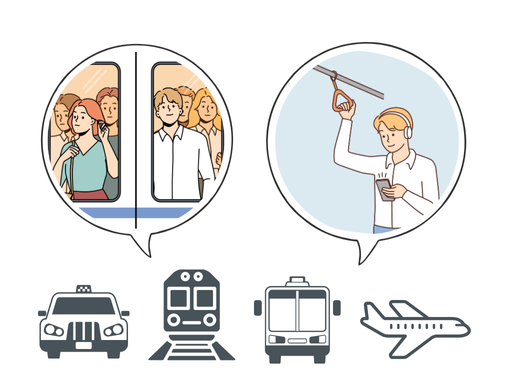 電車、バス、タクシーなど、日本で利用できる公共交通機関を描いたイラスト。