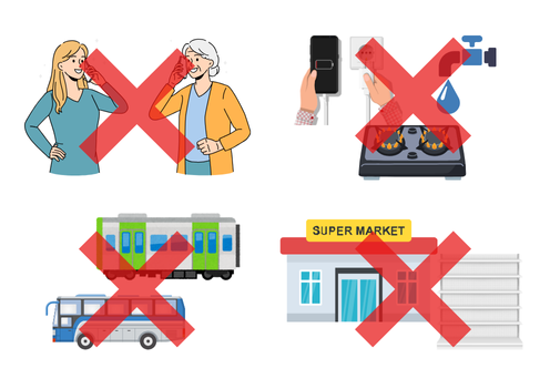 災害が起きたときに、携帯電話がつながりにくい、電気やガス・水道が止まる、交通機関が止まるなどのトラブルが発生するイラスト。