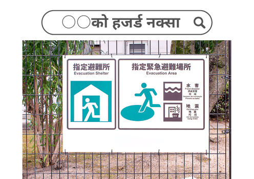 विपद् बेला避避रण गर्ने स्थान देखाउने避रण स्थलको संकेत बोर्डको नमूना।