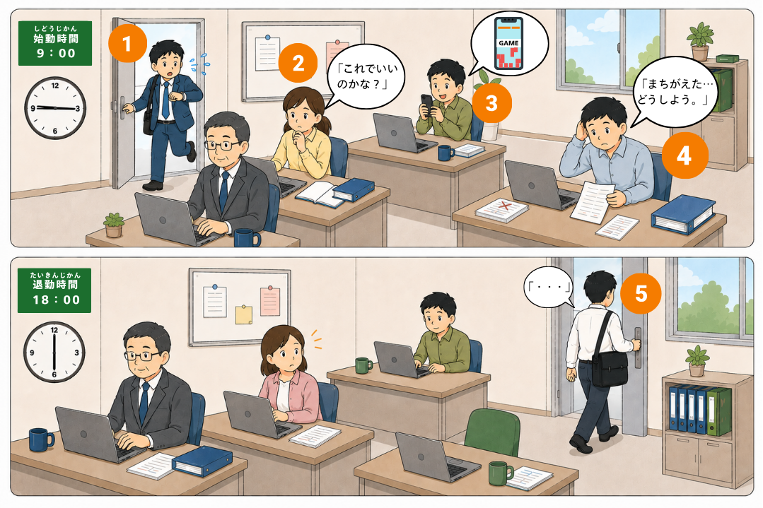 Office illustration showing five workplace situations