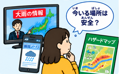 Checking heavy rain information on TV and a smartphone